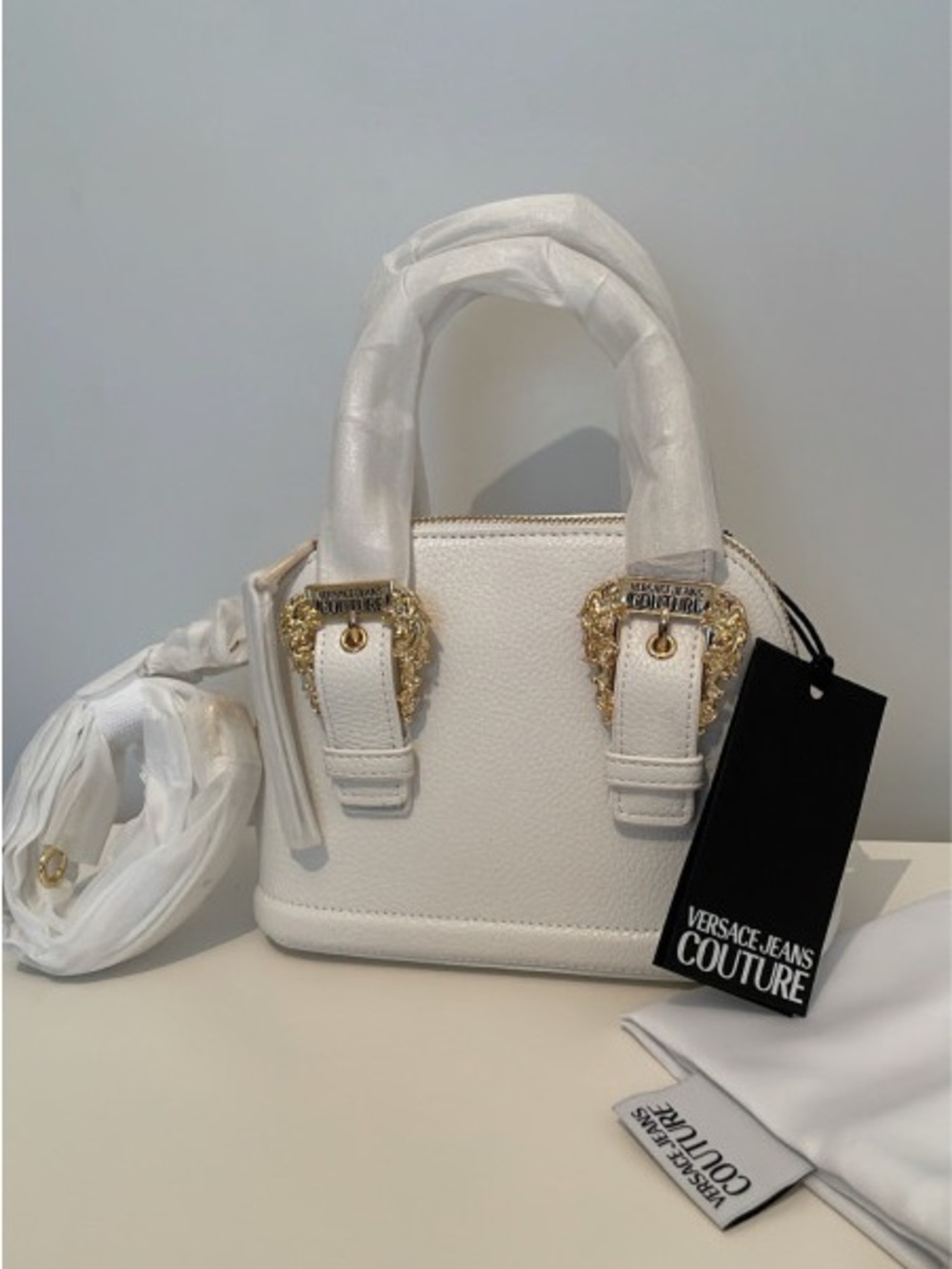 New with Tags, Versace Jeans Collection White Mini Satchel with Gold Hardware